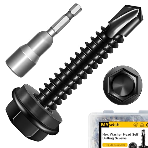 Mywish 50pcs #12 x 1-1/4" Self Drilling Screws for Metal, 410 Stainless Steel Hex Washer Head Self Drilling Screws, Black Oxided Self Tapping Sheet Metal Tek Screw Fast Tapping - size: #12x1-1/4"(50pcs)