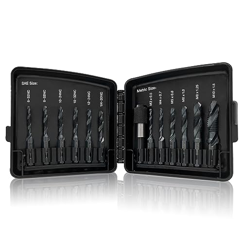 Drill & Tap Bits Set of 13 pcs - 6 SAE Sizes: 6-32NC to 1/4-20NC, 6 Metric Sizes: M3 to M10 and a Quick-Change Adapter – Combine Drilling Tapping Threading Countersinking Functions in One Bit, Black - size: 13 Pcs Tap Set