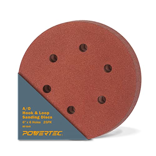 POWERTEC 80 Grit, 25 PK, 6 Inch Sanding Discs – Hook and Loop, 6-Hole Aluminum Oxide Orbital Sander Pads, Woodworking & Paint Round Sandpaper for Random Orbital, Air, Pneumatic & DA Sanders (45208)