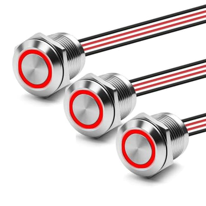 3PCS 19mm 20A Latching LED Push Button Switch IP67 12V-24V DC Red - color: Red Silver Shell, size: Latching