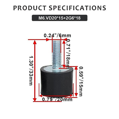 4Pcs M6 20x15mm Rubber Isolator Mounts Single Stud Shock Absorber - size: M6,VD20*15+G6*18