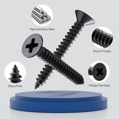 Wood Screws Assortment Kit, 289PCS High Hardness Flat Head Wood Screws Set, Assorted Screws,Phillips Drive,Black Dacromet Coated, 7 Sizes (1-1/2”,1-1/4”,1”,3/4”,1/2”) - size: Multiple Sizes (1/2" - 1-1/2")