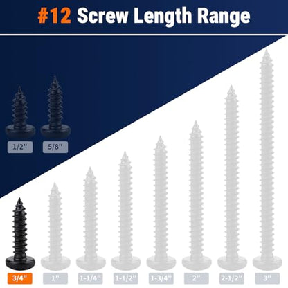 #12 x 3/4" (50 Pack) Stainless Steel Pan Head Self Tapping Screws, 304 SS (18-8) Black Coated, Phillips Drive Round Head Corrosion Resistant Screws for Wood & Sheet Metal - size: #12 x 3/4"
