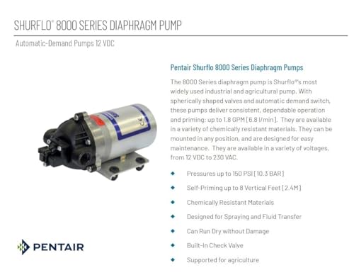 Pentair SHURflo 8000-543-236 Automatic-Demand Diaphragm Pump, 1.8 GPM With Viton Valves, Santoprene Diaphragm, 50 PSI Demand Switch, 12V, 3/8" NPT Female Port