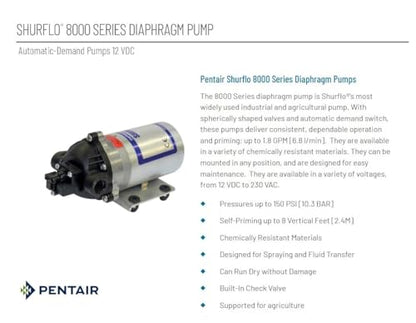 Pentair SHURflo 8000-543-236 Automatic-Demand Diaphragm Pump, 1.8 GPM With Viton Valves, Santoprene Diaphragm, 50 PSI Demand Switch, 12V, 3/8" NPT Female Port