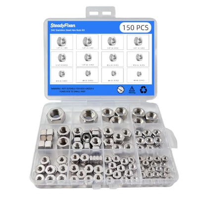 Hex Nuts Kit, 304 Stainless Steel 18-8 (A2-70) Hardware Nuts Assortment Kit for Mechanical Repair & Assembly, Silver, [#4#6#8#10-24#10-32#12 1/4" 5/16" 3/8" 1/2"](150PCS) - size: 150PCS,#4,#6,#8,#10,#10,#12,1/4",5/16",3/8",1/2"