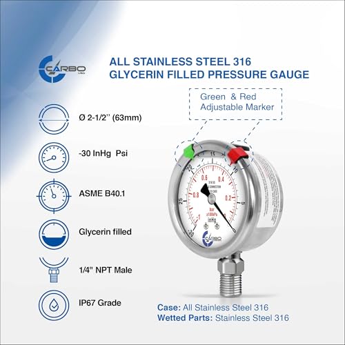 Vacuum Pressure Gauge 0 to -30 inHg, Liquid Filled, 2.5" Dial, 1/4 NPT Lower Mount, 316 SS Case, 316 SS Wetted Parts, inHg/Bar - ASME B40.1 Grade A - size: 0 to -30 inHg, style: STANDARD
