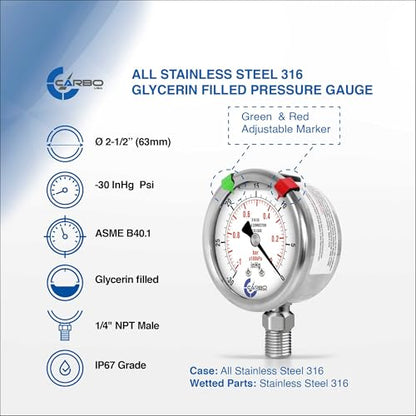 Vacuum Pressure Gauge 0 to -30 inHg, Liquid Filled, 2.5" Dial, 1/4 NPT Lower Mount, 316 SS Case, 316 SS Wetted Parts, inHg/Bar - ASME B40.1 Grade A - size: 0 to -30 inHg, style: STANDARD