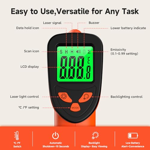 12:1 Infrared Thermometer Temperature Gun, Non-Contact Digital Laser IR Temp Gun (-58°F to 1022°F / -50°C to 550°C), for Cooking, Pizza Ovens, BBQ, Grilling, and Reptiles