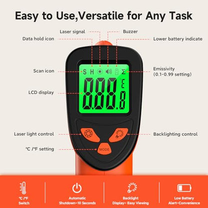12:1 Infrared Thermometer Temperature Gun, Non-Contact Digital Laser IR Temp Gun (-58°F to 1022°F / -50°C to 550°C), for Cooking, Pizza Ovens, BBQ, Grilling, and Reptiles