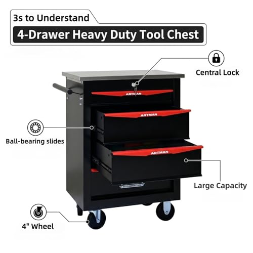 Rolling Tool Chest,Stainless Steel Worktop,Black,4‑Drawer - color: Black, size: 4-Drawers