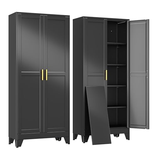 erosoei 71" H Metal Garage Storage Cabinet, Black Metal Pantry Cabinet with 2 Doors, Locker Steel Cabinet with 4 Adjustable Shelves, Freestanding Cupboard for Garage,Office,Home,Gym,School - color: Black, size: 71"-NCasNLck
