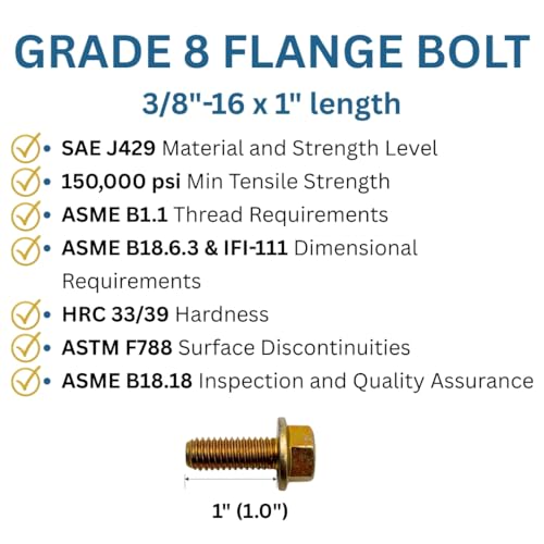 3/8"-16 x 1 Grade 8 Hex Flange Bolts Qty 4 | SAE J429 High-Strength Coarse Thread Fasteners for OEM, MRO & Industrial Use 1.0" Yellow Zinc Plated