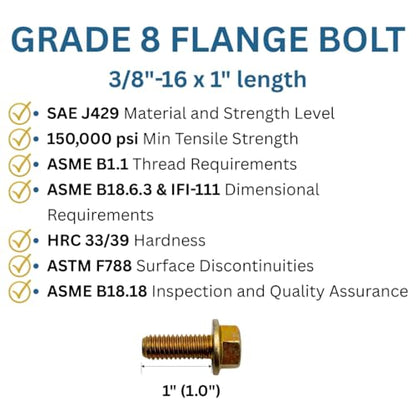 3/8"-16 x 1 Grade 8 Hex Flange Bolts Qty 4 | SAE J429 High-Strength Coarse Thread Fasteners for OEM, MRO & Industrial Use 1.0" Yellow Zinc Plated