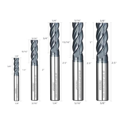 Tools Carbide End Mill Set, Milling Cutter with MAH Coating, CNC Cutting Tools for Stainless Steel, Medium Alloy Steels, 4 Flute,Milling Set (1/8" 3/16" 1/4" 5/16" 3/8" 5Pcs) - size: SET 1/8" 3/16" 1/4" 5/16" 3/8" 5PC