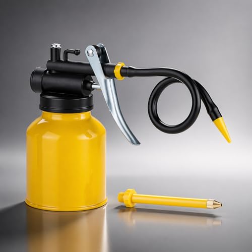 Metal Pumper Oiler Can,Oil Can Pump Oiler with 2 Spout for All Lubrication Need of Car, Bikes and Machines -8 oz.Yellow Capacity - color: Yellow