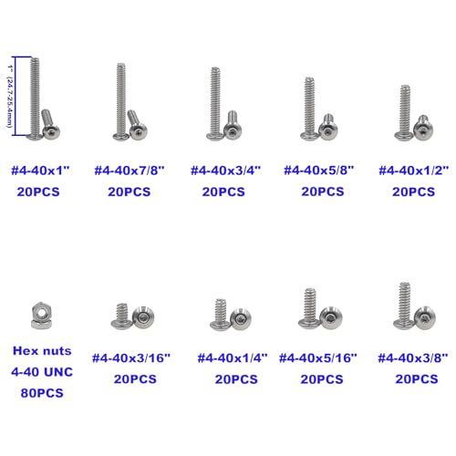 260PCS #4-40 UNC 304 SS Button-Head Socket Cap Screws & Hex Nuts Kit - size: #4-40 UNC