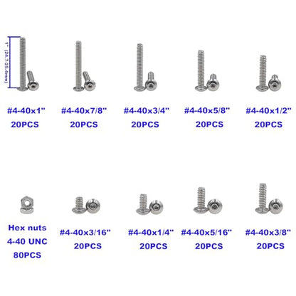 260PCS #4-40 UNC 304 SS Button-Head Socket Cap Screws & Hex Nuts Kit - size: #4-40 UNC