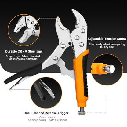 DEKOPRO 3-Piece Locking Pliers, Locking Jaw Plier, Vice Grips with Cr-V, 7" and 10" Curved Jaw Plier, 6-1/2" Long Nose Plier