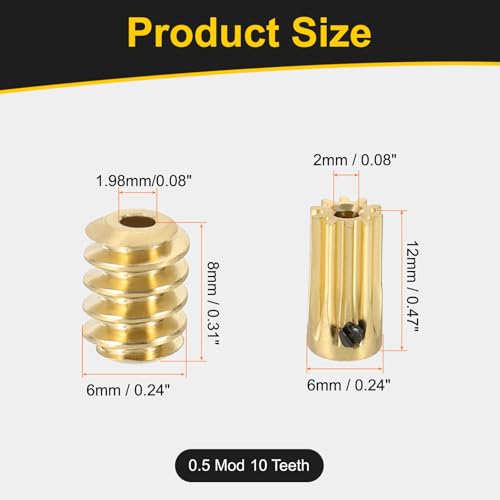 uxcell Worm Gear Set 10T 0.5 Module 10:1 Reduction Rate, Right Rotation Drive Gear Box Wheel Reduce Transmission Part (Brass Gear-2mm Bore, Brass Rod 1.98mm Bore) - size: Gear-2mm, Rod-1.98mm Bore, style: 0.5M-10T