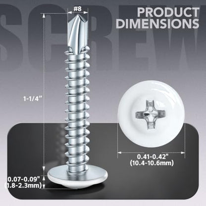 100 PCS #8 x 1-1/4" Sheet Metal Screws, Phillips Modified Truss Head Self Drilling Screws, Zinc-Plated, White Head Self Tapping Screws for Metal, Wood, Plastic, Double-Ended Bit Included - color: White, size: #8 x 1-1/4"