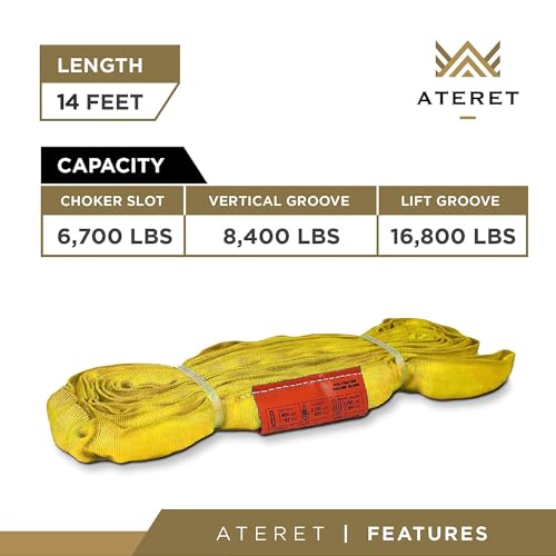 ATERET Powerlift Yellow Polyester Endless Round Sling - 14 Feet Length, 8,400 lb. Vertical Capacity, 16,800 lbs Basket - Heavy Duty Poly Lifting Sling - color: 03 Yellow - Vertical Capacity 8,400 lbs, size: 14FT