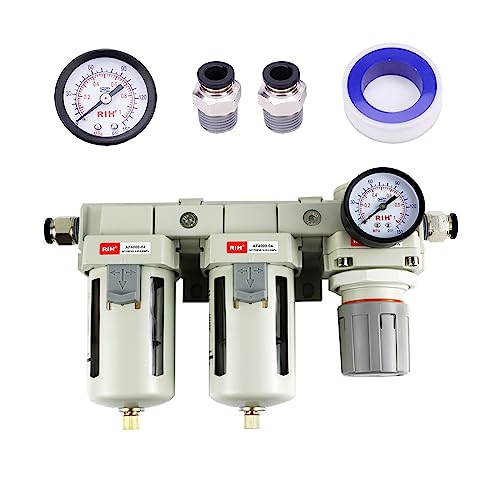 RIH Pneumatics DFR-04 1/2'' NPT Compressed Air Double Filter & Regulator, Air Drying System, Air Compressor Water Separator, Semi -Auto Drain, Poly Bowl,0-150 psi Gauge, 5 Micron Brass Element - size: 1/2 NPT