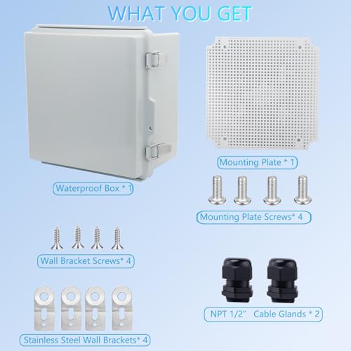 IP67 Waterproof Junction Box, ABS Plastic Electrical Enclosure with Stainless Steel Latch, Hinged Cover Electric Box with Mounting Plate, Wall Brackets & Cable Glands 210x210x130 - color: Grey, size: 8.3"x8.3"x5.1"