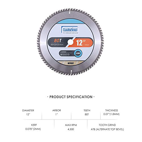 Luckyway 12 Inch Miter Saw Blade 80T Fine Finish with 1 Inch Arbor TCT Wood Crosscutting Saw Blade - size: 12" / 80T, style: 12 Inch