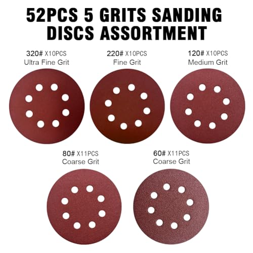 52 Pack 5 Inch 8-Hole Hook and Loop Sanding Discs Sandpaper Red Round 60 80 120 220 320 Mixed Grits Sandpaper for Random Orbital Sander - style: Mixed Grits 52-Pack