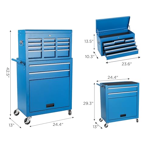 Tool Chest, 8-Drawer Rolling Tool Storage Cabinet with 2 in 1 Detachable Top Tool Box, Liner, Lockable Wheels, Side Hooks, Metal Tool Cart for Garage (8-Drawer Blue) - color: 8-drawer Blue