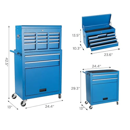 Tool Chest, 8-Drawer Rolling Tool Storage Cabinet with 2 in 1 Detachable Top Tool Box, Liner, Lockable Wheels, Side Hooks, Metal Tool Cart for Garage (8-Drawer Blue) - color: 8-drawer Blue