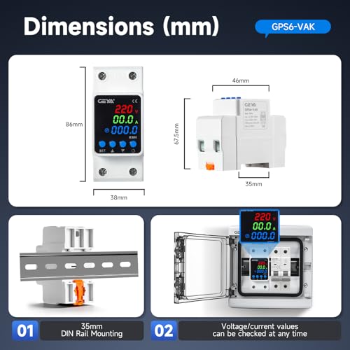 GEYA Adjustable Over & Under Voltage Protection Device Digital Display Voltage Current Protector 220V Din Rail(GPS6-VAK,63A) - color: Gps6-VAK-Voltage Current KWH, size: 2p-63a-220v