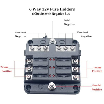 6 Way 12v Fuse Blocks, Waterproof Marine Fuse Block, Universal Fuse Box with LED Warning Indicator Damp-Proof Cover, 6 Circuits with Negative Bus Fuse Holder for Golf Cart RV Truck DC 12-24V