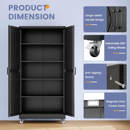 75"Metal Garage Storage Cabinets with Wheels & Adjustable 4 Shelves - color: Black, size: 74.5"H x 31.5"W x 15.7"D - B