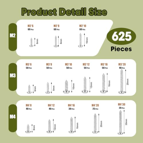 625 Pcs 14 Size Small Screws for Plastic and Metal, M2,M3,M4 Phillips Pan Head Small Self Tapping Screws,Carbon Steel Cross Recessed Round Head Self Tapper Screws Assortment Kit(Silver) - color: Silver 625 Pcs M2,M3,M4 Phillips Pan Head Screws