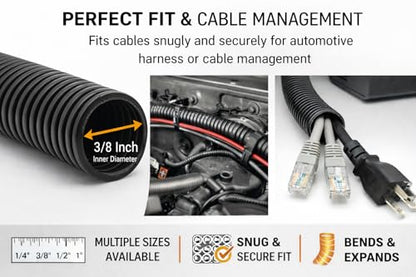567ITG 3/8" x 25ft Split Wire Loom Tubing Black Plastic Convoluted Conduit - size: 25 FT 3/8 Loom