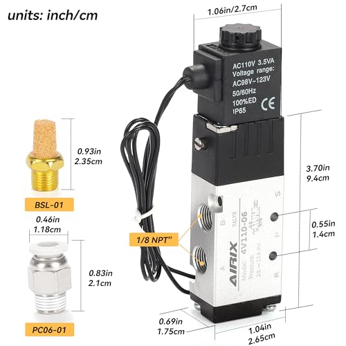 1/8" NPT Solenoid Valve 4V110-06, 5-Way 2-Pos, AC 110V, Out-of-Line