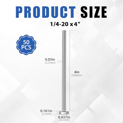 Zonon 50 Pcs 1/4-20 x 4 Hex Head Screw Bolt, Silver - color: Silver, size: 1/4-20 X 4"