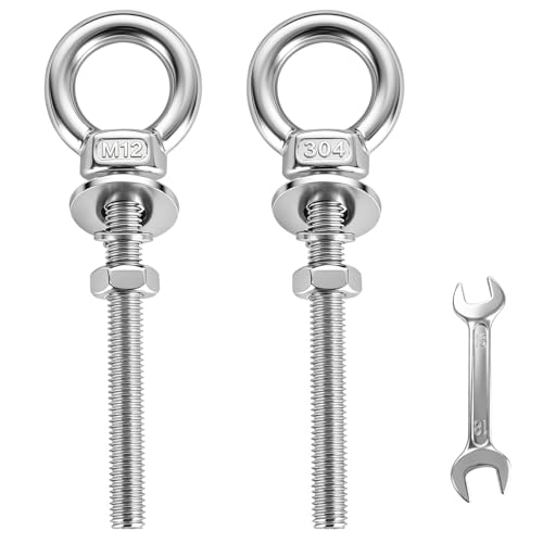 304 Stainless Steel Eye Bolt, M12x102mm (1/2"x4") Heavy Duty Eye Bolts with Nuts Washers, 2 Pack Lifting Ring Eye Bolt for Hanging String Lights Outdoor Tie Down - size: M12x102mm(1/2"x4")