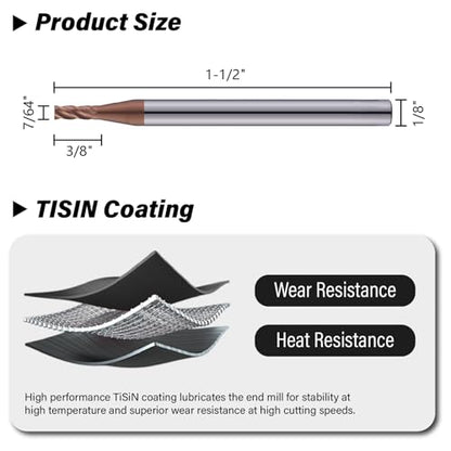 7/64" Carbide Square End Mills Set 4 Flute HRC55 TISIN Coating 3PCS - size: 7/64 in