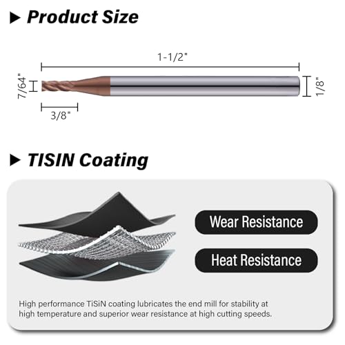 7/64" Carbide Square End Mills Set 4 Flute HRC55 TISIN Coating 3PCS - size: 7/64 in