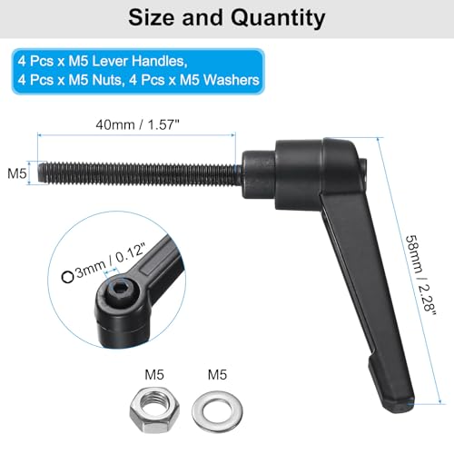 uxcell 4pcs Lever Adjustable Handles M5 x 40mm Metric Male Thread with Nuts Washers, Level Clamping Handle Set Hand Stud Knobs Rotating Screw Handles Bolts with Locking Lever, Black - size: M5 x 40mm