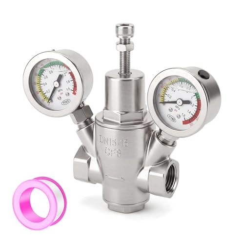 MEANLIN MEASURE 1/2" Piston Water Pressure Reducing Valve, DN15, 304 Stainless Steel Adjustable Pressure Regulator with Dual 0-220 PSI Gauges, for Home Plumbing, Industrial Water Pipe System