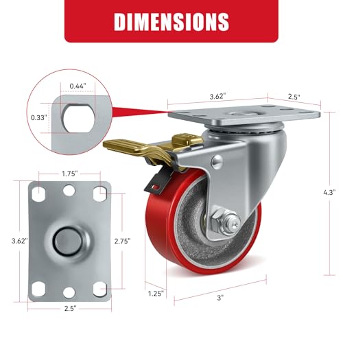 3" Industrial Heavy Duty Casters Set of 4, Polyurethane on Cast Iron Caster Wheels, 4 Total Lock Brake Casters, 1400 lbs Capacity, for Cart, Workbench, Toolbox, Equipment - style: 3" Wheel