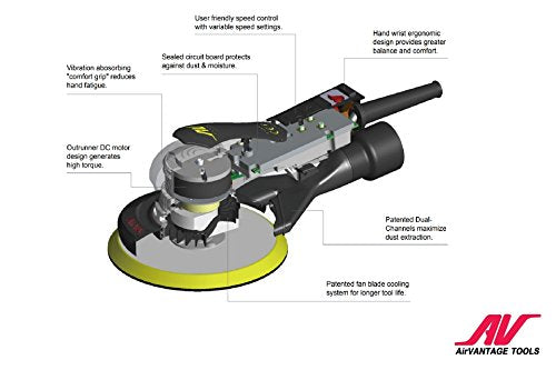 AirVANTAGE 6" Palm-Style, 2nd Generation Industrial Advanced Electric Sander Central-Vacuum with Low-Profile Pad (3/32- Hook & Loop) - size: 6": 3/32- Hook & Loop