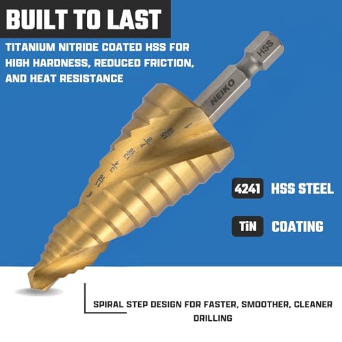 NEIKO 10625A Step Drill Bit, 9 Steps 1/2" to 1" Spiral High Speed Steel, Titanium Nitride Coated, 1/4" Quick Change Step Bits for Steel, Metal, Wood, Plastic, Unibit Cone Drill Bits, Two Flute - size: #8 (1/2 - 1", 9S), style: Spiral