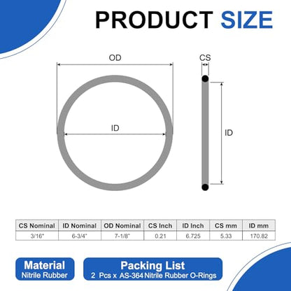 uxcell 2Pcs AS-364 Nitrile Rubber O-Rings 6-3/4" ID 7-1/8" OD 3/16" W Black - size: 6-3/4" ID 7-1/8" OD 3/16" Width