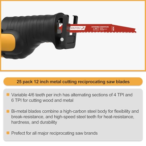 25 Pack 12 Inch 4/6 Tpi Reciprocating Saw Blades Bi-Metal with Perma-Shield Coating Stud and Nail Saw-zall Blades Saw-zall Blades for Cutting Embedded Wood Metals PVC Pallets etc - size: 4/6 Tpi