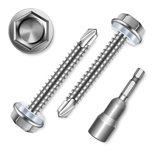 50Pcs #10 x 1-1/2" Sheet Metal Screws, 410 Stainless Steel Self Drilling Hex Washer Head Self Tapping Screws for Metal with Drill Bit - color: Silver, size: #10 x 1-1/2"